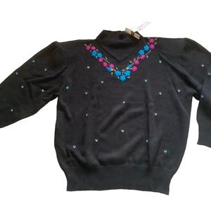 Vintage womens rib embroidered flower sweater curiosity’s cat black size 24W